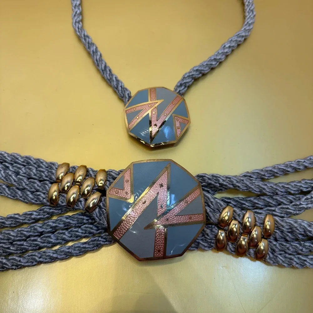 Vintage Art Deco Enamel Geometric Braided Rope Belt and‎ Necklace Set Grey Gold